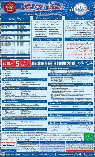 AIOU Admission Programs 2018, Allama Iqbal Open University Autumn Admissions, Application Form Download, Method of Applying, 