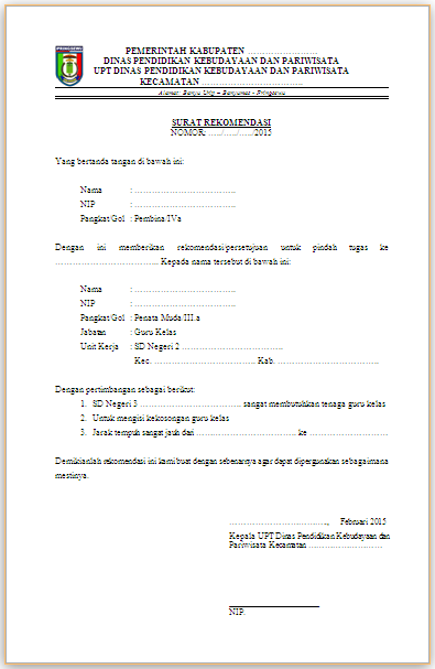 Surat Rekomendasi Pindah Tugas Guru