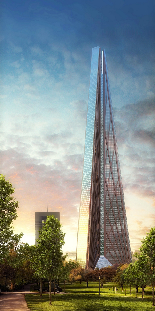 Rendering of Russia Tower as seen from the park