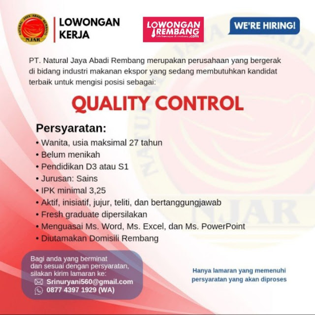 Lowongan Kerja Pegawai Quality Control PT Natural Jaya Abadi Rembang