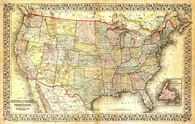 Vintage map of the United States and Canadian border