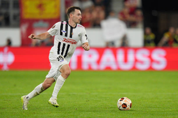 Florian Flecker of LASK during the UEFA Europa League 2023/24 group stage match between LASK and Liverpool FC on September 21, 2023 in Linz, Austria.