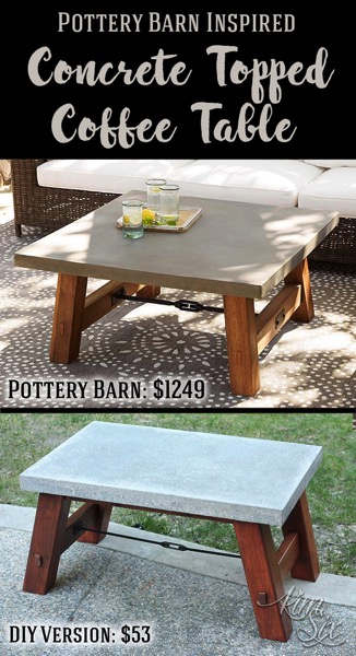 A modern industrial concrete and wood outdoor coffee table. Inspired by Pottery Barn. Save $1000 DIY your own!