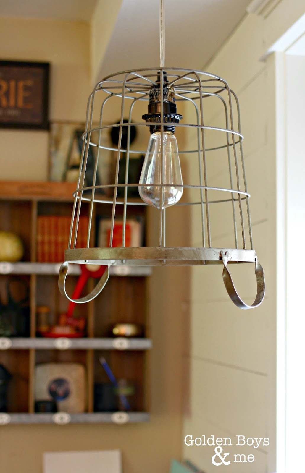 Wire basket pendant light with old fashioned light bulb-www.goldenboysandme.com