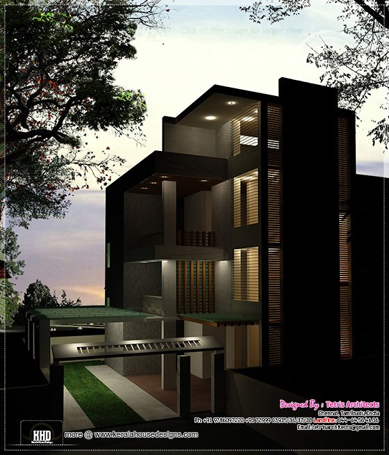 Modern 3 floor house night view