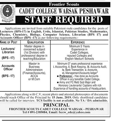 Cadet College Warsak Peshawar Jobs 2019 For Lecturer