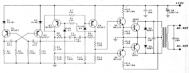 Simple 12V to 220V 100W Transistor Inverter Diagram  