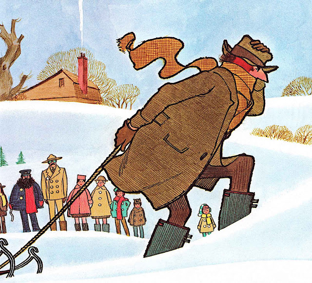 a Wende and Harry Devlin children's book illustration of a dad pulling a children's sled up a snow hill