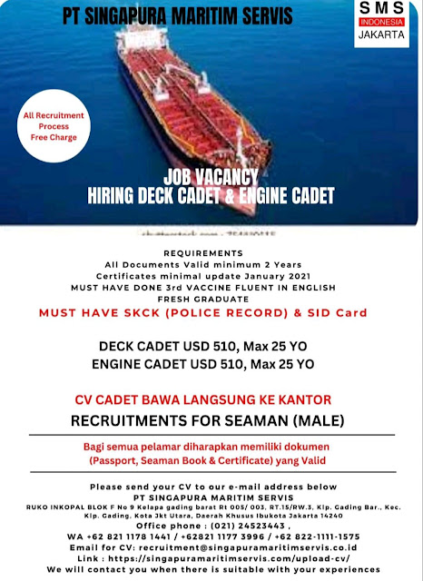 Butuh Pelaut Cadet Deck dan Engine, 2E, CO SMS Jakarta Sept 2023