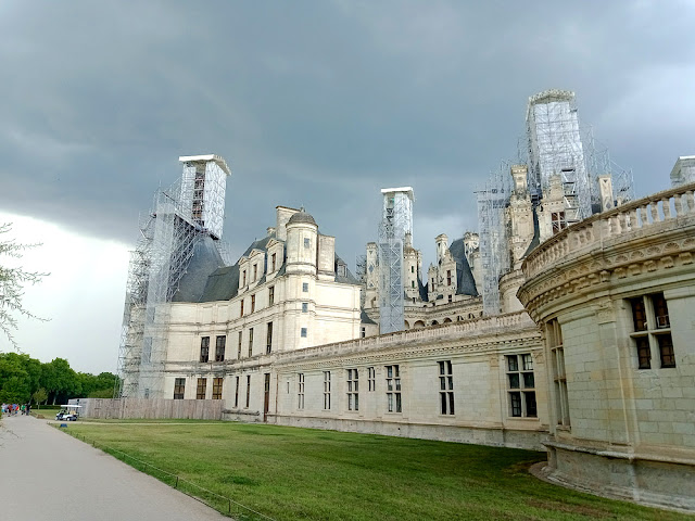 Chateau de Chambord with towers scaffolded for restoration, Loir et Cher, France. Photo by Loire Valley Time Travel.