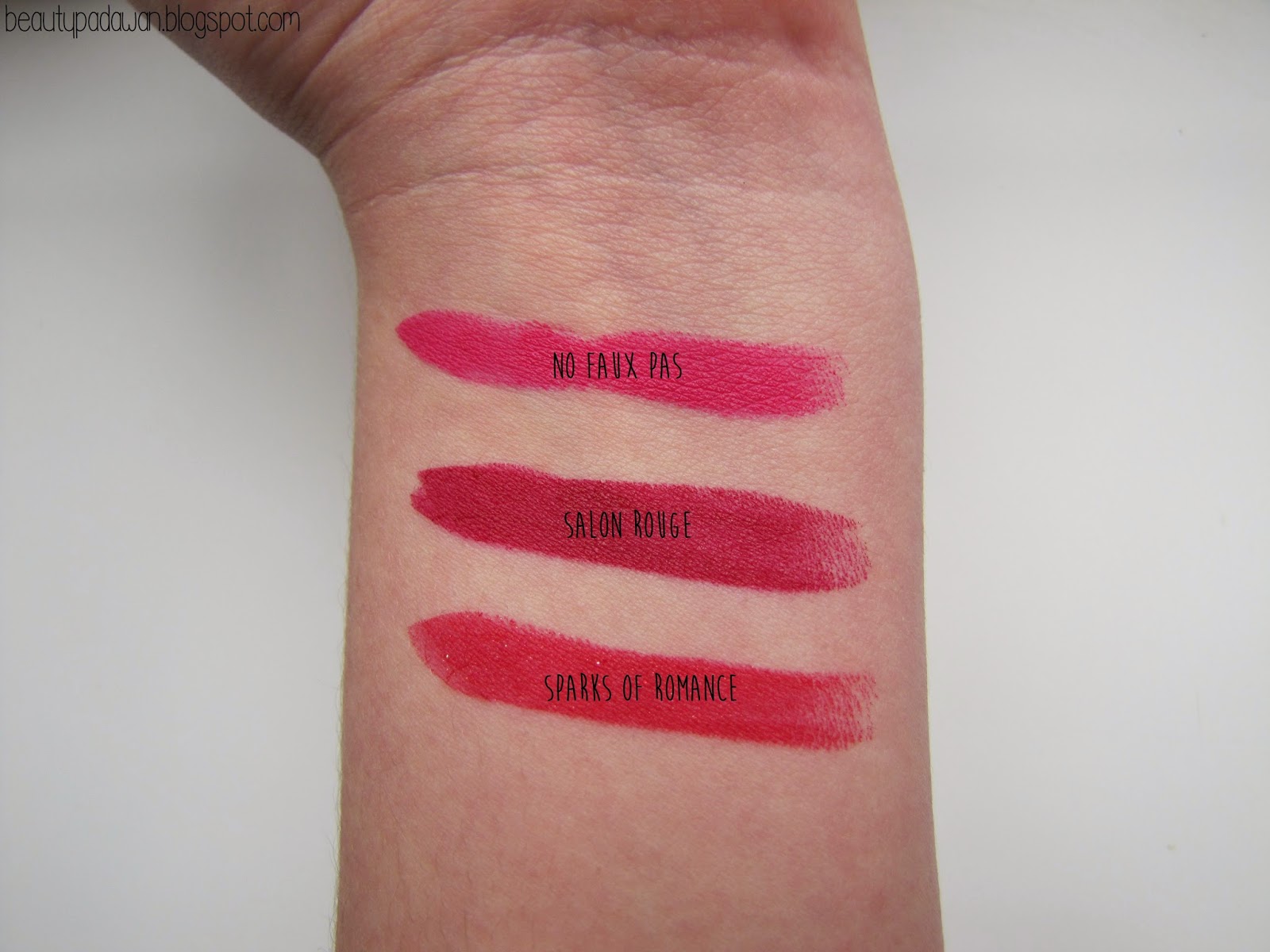 MAC Heirloom Mix Lipstick swatches - No Faux Pas, Salon Rouge, Sparks of Romance