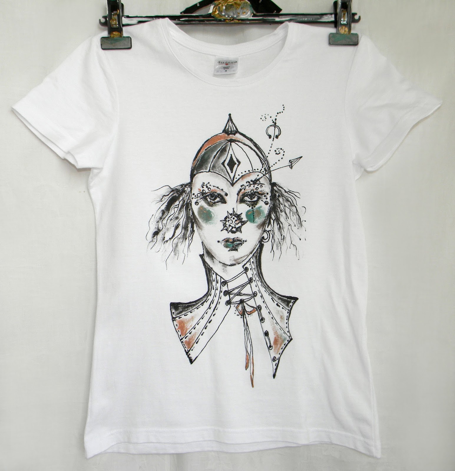 Women Size Small S Hand Painted Tshirt with Original Portrait Goth Circus Fashion Ladies Fit 