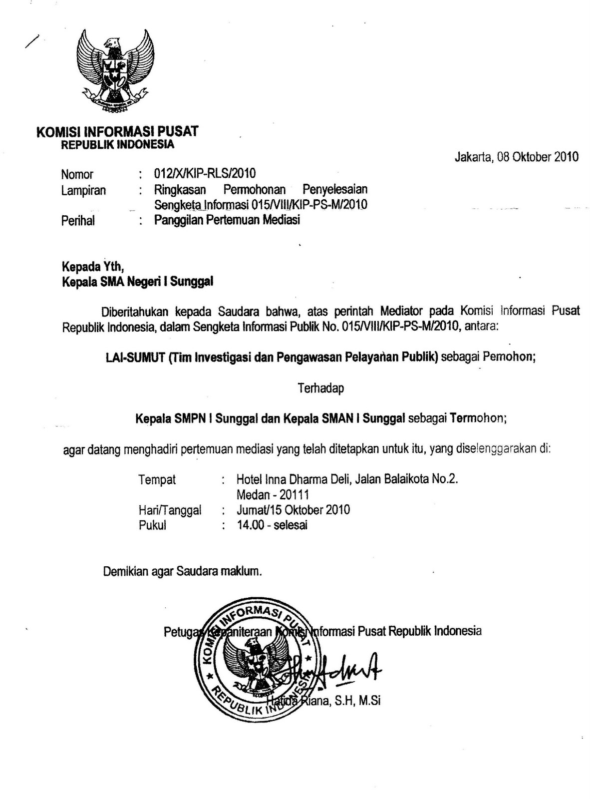 PARIWISATA dan POLITIK SURAT  PANGGILAN MEDIASI KIP RI KE 