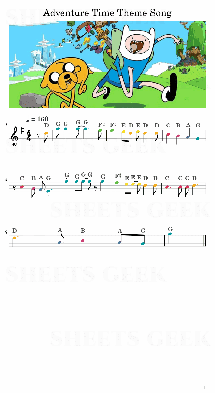 Adventure Time Theme Song Easy Sheet Music Free for piano, keyboard, flute, violin, sax, cello page 1