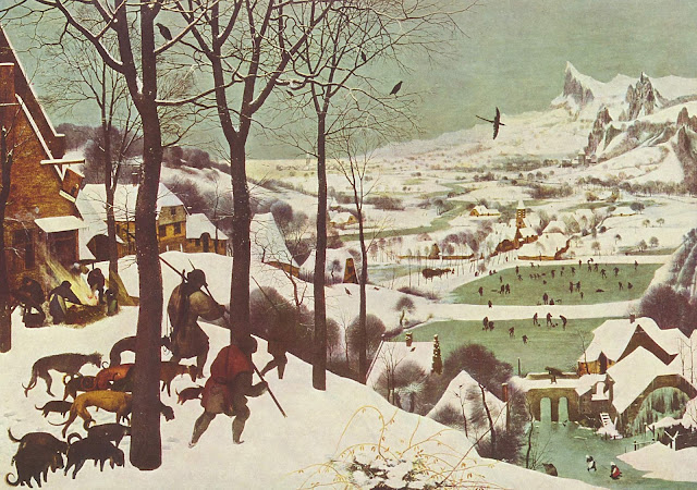 "Hunters in the Snow" Pieter Bruegel the Elder (1565) flemish painters, winter, hunting scene, hunting dogs, ice skating, coming through the woods to town, returning home