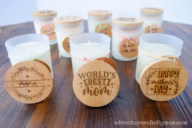candles with wood tops engraved with mother's day sayings