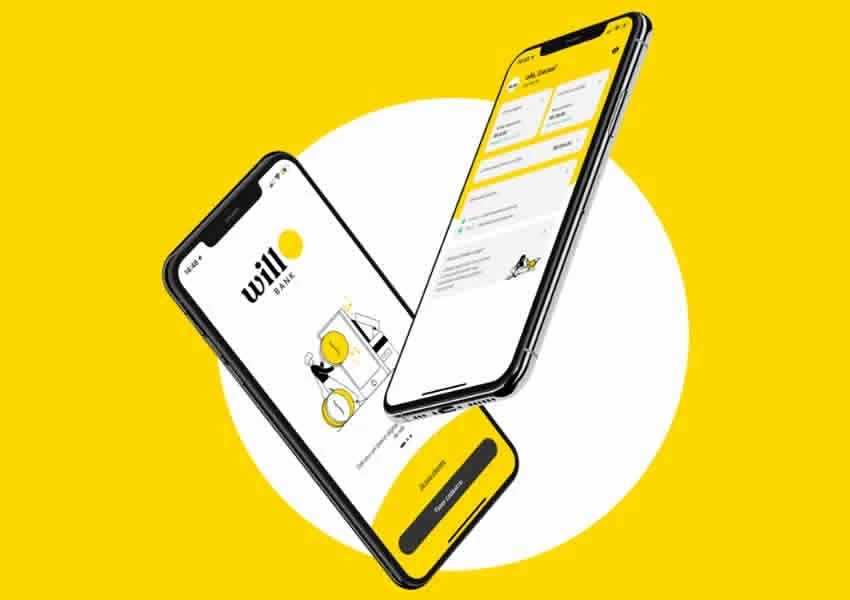 Fundo amarelo com circulo Branco no meio e um Smartphone mostrando o app do Will Bank