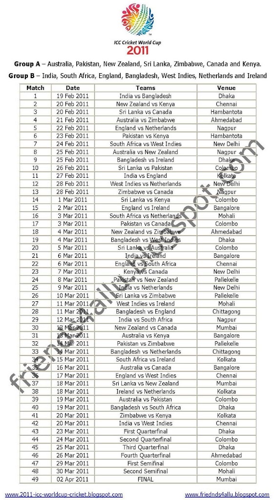 Icc World Cup 2011 Schedule With Time. ICC World Cup 2011