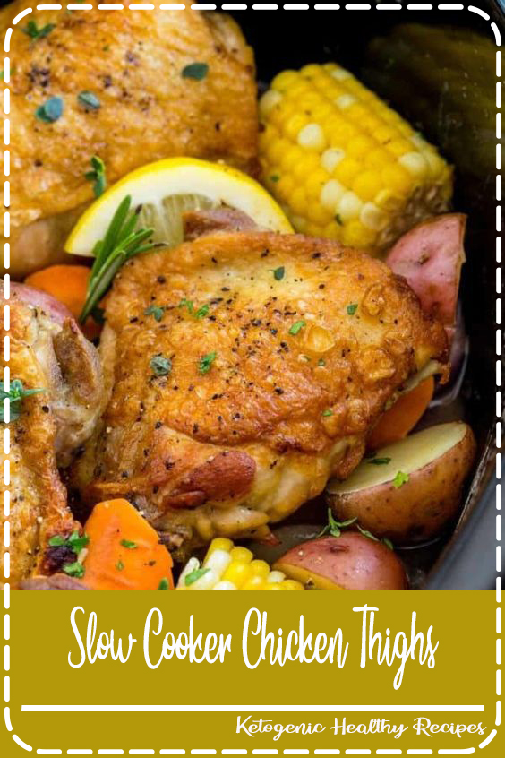 Slow cooker chicken thighs served with hearty vegetables is a complete meal made easy! Tender pieces of chicken, potatoes, carrots, and corn, all simmered in a lemon garlic herb sauce.