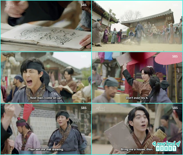  14th prince and wang woo encounter each other in the village where wang woo drawing people sketches and wang jung fighting with people - Moon Lovers: Scarlet Heart Ryeo - Episode 3 Review