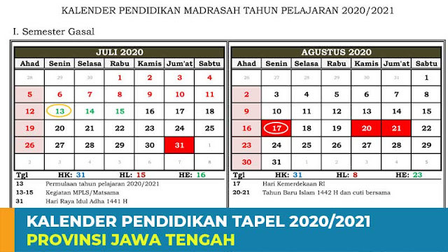 Kalender Pendidikan Madrasah 2020/2021 Provinsi Jawa Tengah 