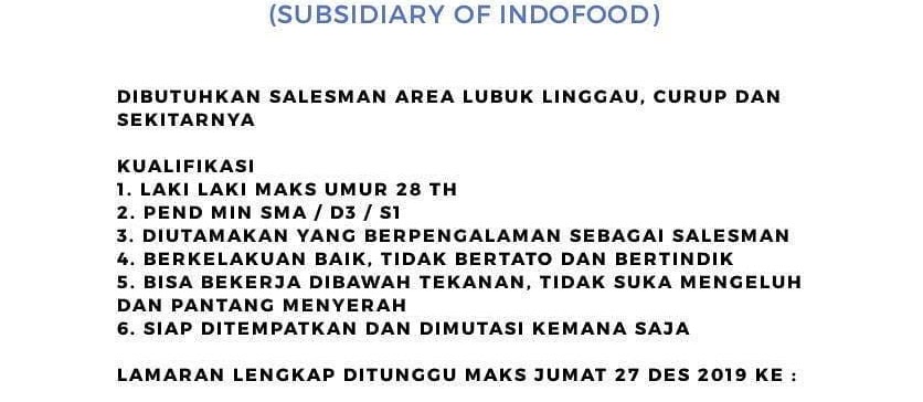 LoKer Linggau & Bengkulu Terbaru PT. Indomarco Adi Prima Desember 2019