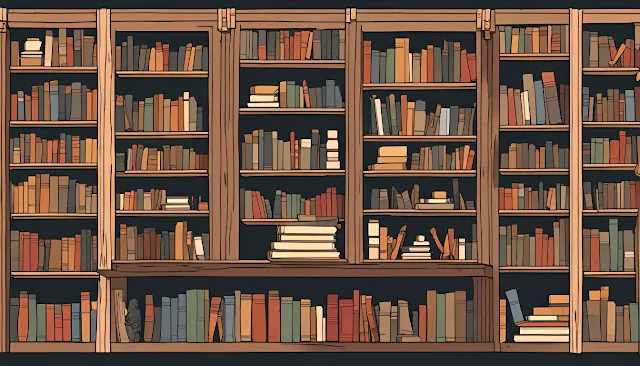 "Bookshelf with animated talking books"