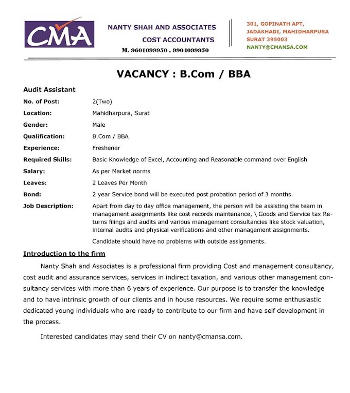 Vacancy for B.COM / BBA