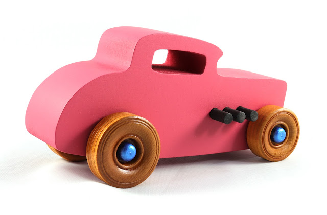 Wood Toy Car, Hot Rod '32 Deuce Coupe, Handmade, Painted Pink, Black, Metallic Sapphire Blue, and Amber Shellac, From The Freaky Ford Collection