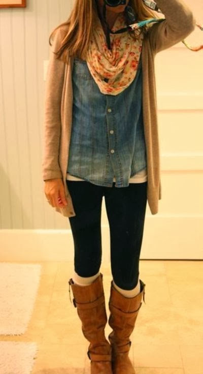 Floral Scarf With Chambray,Plain Cardigan and Long Boots
