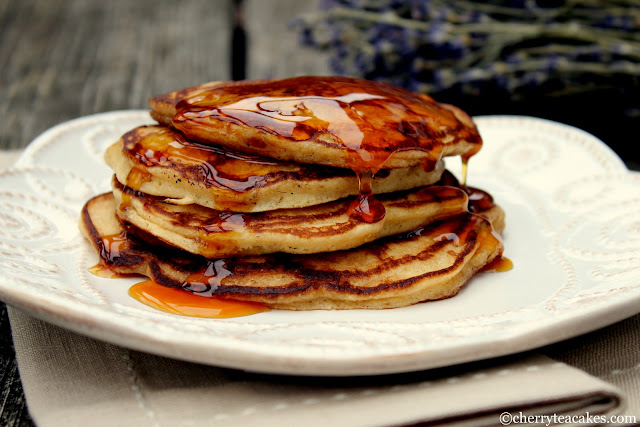 Apple Cider Buttermilk Pancakes with Apple Caramel Syrup recipe from cherryteacakes.com