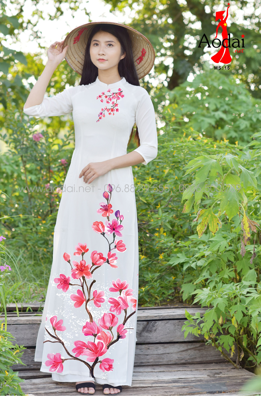 Áo dài nữ màu trắng in hoa 15