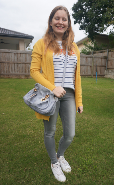 thrifted mustard cardigan and navy stripe Coca-Cola logo tee outfit with skinny jeans small chloe paraty bag | awayfromblue