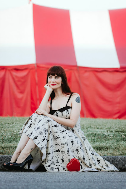 ModCloth RockSteady Clowning Around Circus Strong Man Tattoo Dress in Ivory