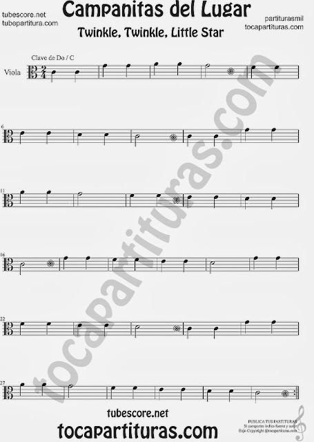 Partitura de Campanitas del Lugar para Viola Villancico Christmas Carol Song Twinkle twinkle little Sheet Music for Viola Music Scores