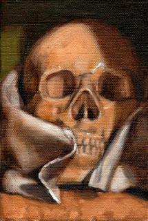 Oil painting of a plastic skull partially wrapped in a tea towel.