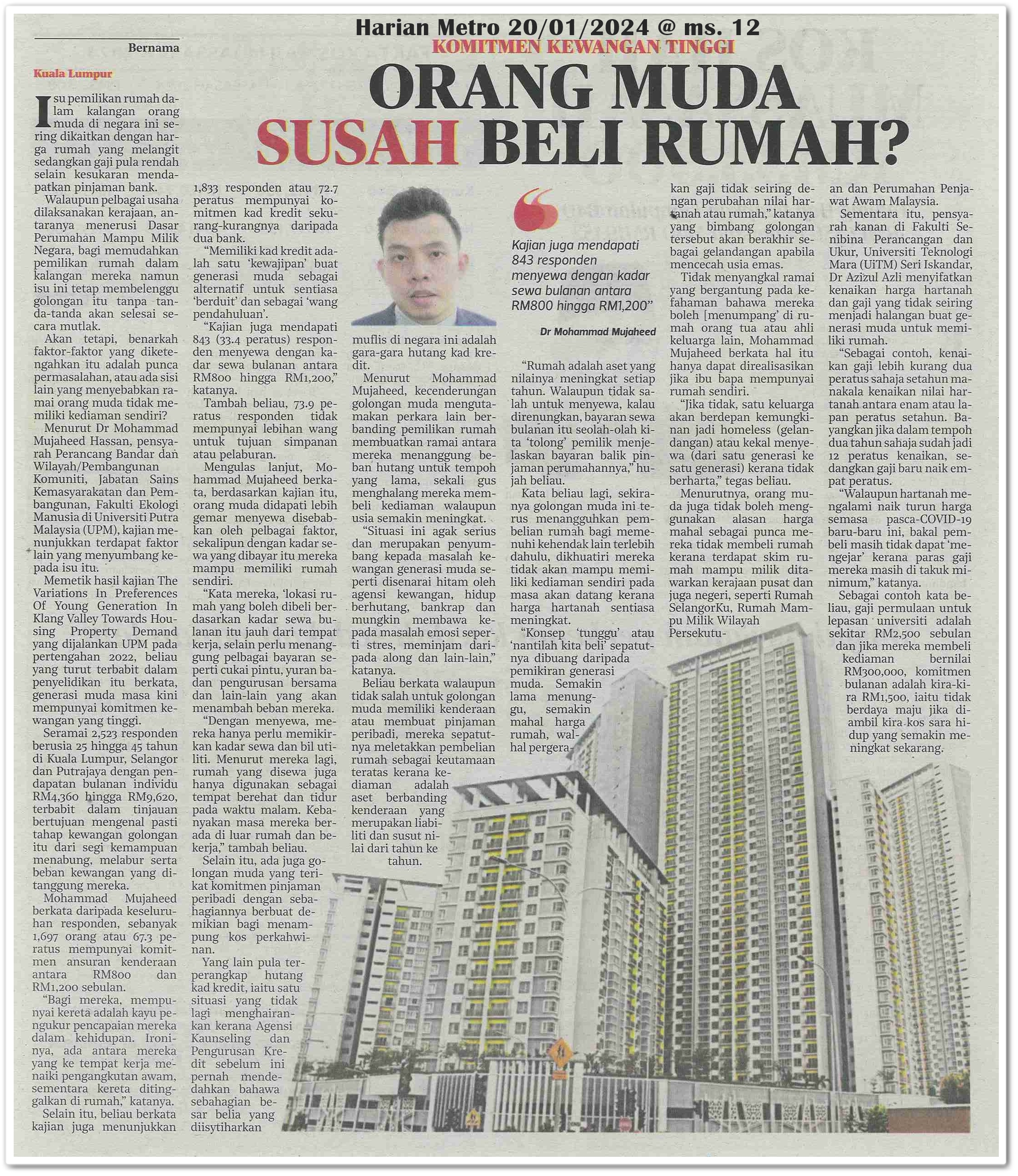 Orang muda susah beli rumah? | Keratan akhbar Harian Metro 20 Januari 2024