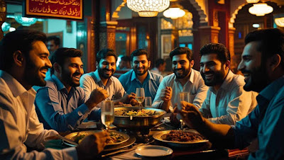 Pakistani workers enjoying cultural food in a restaurant in Dubai.