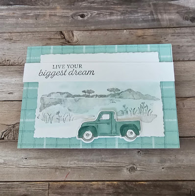 Trucking Along stampin up watercolour background tequnique live your biggest dream card