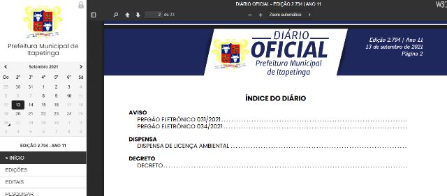 Print do Diário Oficial da Prefeitura de Itapetinga