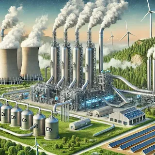 A futuristic carbon capture facility removing CO₂ from the atmosphere.