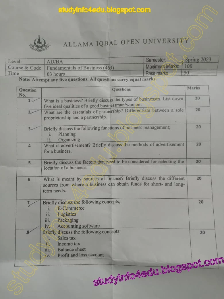 463 AD/BA Spring 2023 AIOU Old/Past Papers,Fundamentals of Business