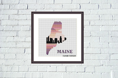 Maine state map silhouette sunset cross stitch pattern - Tango Stitch