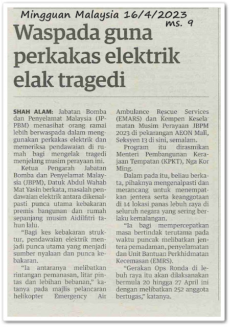 Waspada guna perkakas elektrik elak tragedi - Keratan akhbar Mingguan Malaysia 16 April 2023