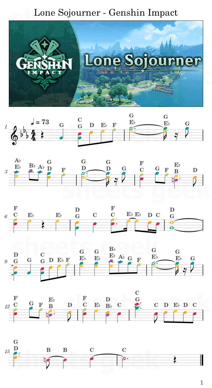 Lone Sojourner - Genshin Impact Easy Sheet Music Free for piano, keyboard, flute, violin, sax, cello page 1