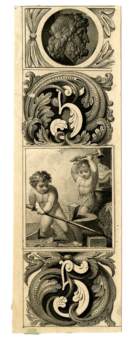 Two young boys as blacksmiths at centre. Decorative patterns with number 5 at upper and lower centre. Male profile portrait at top centre. Design printed in black. (19th c)