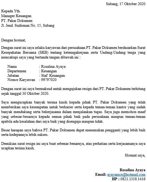 Contoh Surat Resign Yang Baik dan Benar