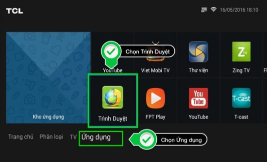 Chọn trang ứng dụng trên giao diện trang chủ chính trên màn hình