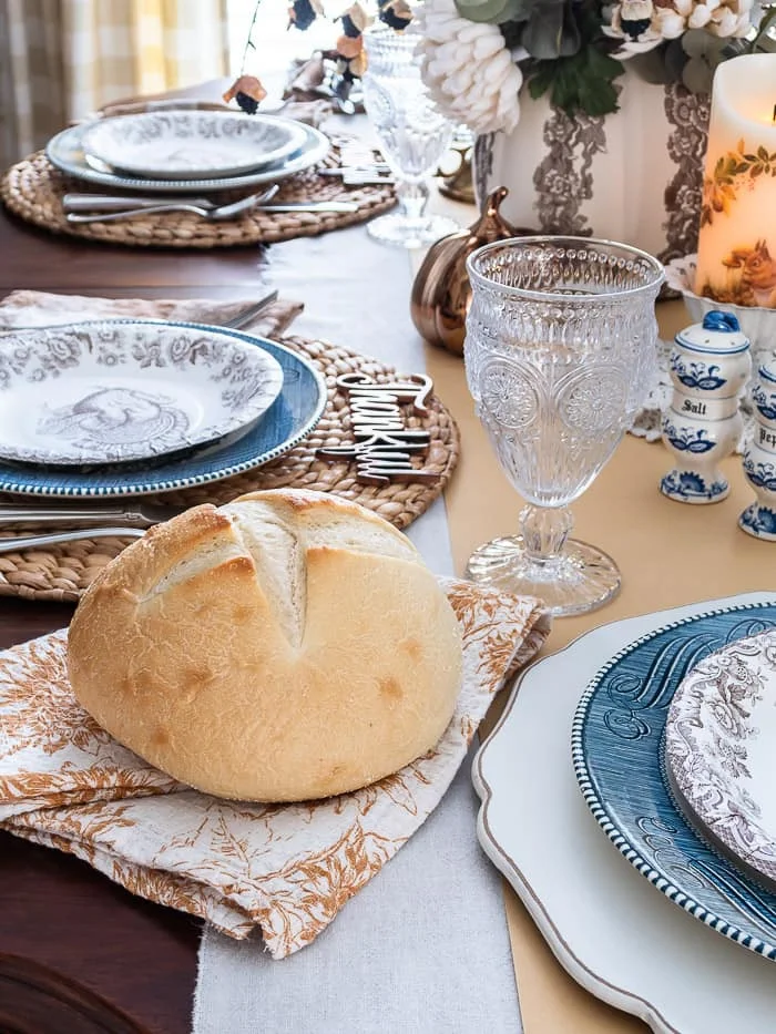 bread loaf, dishes, blue and white, brown accents