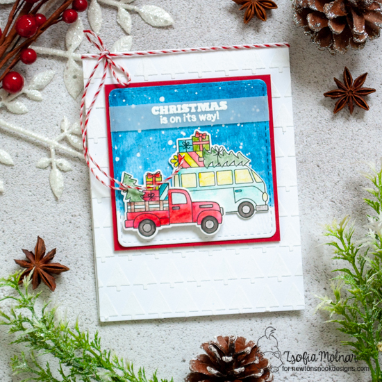Truck and van carrying Christmas trees Card by Zsofia Molnar | Christmas Delivery Stamp Set and Tiny Trees Stencil by Newton's Nook Designs #newtonsnook #handmade